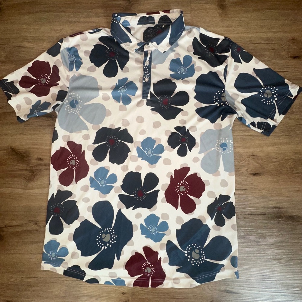 Swannies Golf Mens XL Floral Performance Polo Shirt Navy Burgundy Recycled P100